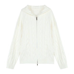 MULVAN 松弛搭档 慵懒风麻花连帽针织开衫女宽松休闲拉链毛衣外套