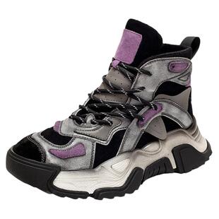 小婉高端品质头层牛皮高帮老爹鞋女秋冬松糕厚底系带拼色复古短靴