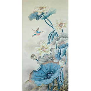 工笔画白描底稿线稿手勾可直接上色国画初学者素材四尺荷花翠鸟