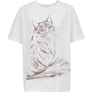 ONLY2026春季新款纯棉上衣素描猫咪印花设计圆领风宽松短袖T恤女