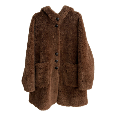 100%羊羔毛外套女松弛感连帽皮毛