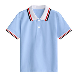 04浅蓝色校服纯棉男童T恤短袖polo衫初中小学生半袖班服夏装定徽