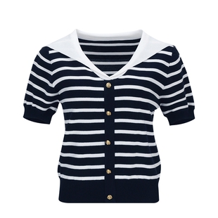 马天奴女装春夏新款黑白条纹针织衫海军领航海风短袖毛衫时尚气质