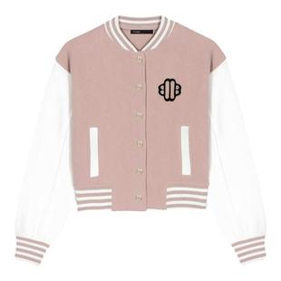 Maje Outlets秋冬女装学院风绵羊毛撞色罗纹装饰毛呢棒球服外套