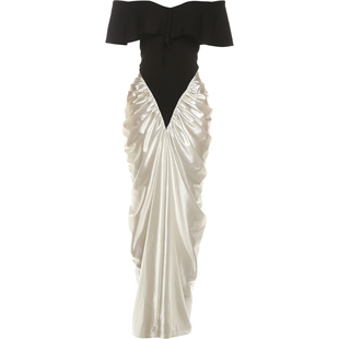 #Sisjuly#名媛盛宴御姐范 撞色礼服褶皱开叉一字领修身连衣裙女秋