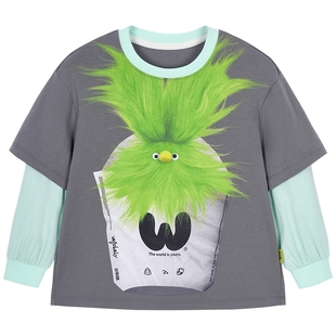 [力安同款]woobaby儿童长袖毛怪T恤25秋冬女童抗菌防螨亲子假两件
