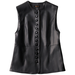 2025秋新款真皮马甲女圆领无袖背心中长款显瘦皮坎肩气质皮衣外套