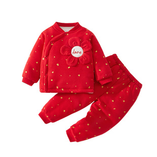 婴儿衣服冬季夹棉分体套装婴幼儿宝宝红色喜庆拜年服加厚冬装女宝