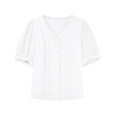 秋水伊人设计感V领短袖雪纺衫女2025夏季新款女装小个子衬衫上衣