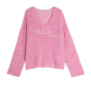 ELLE温柔风微透针织衫女2026春季新款设计感纯色慵懒罩衫上衣