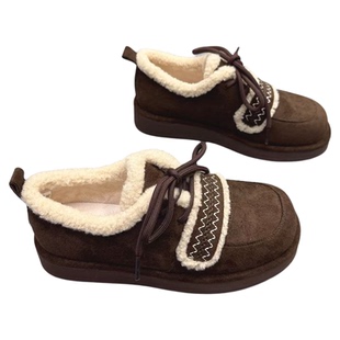 真皮女鞋厚底加绒雪地靴2025冬季新款圆头保暖毛毛板鞋休闲勃肯鞋