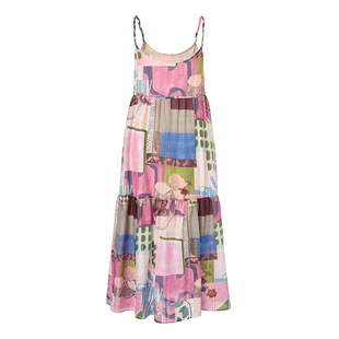 恩瑞妮商场同款2025秋季新款格子拼接吊带连衣裙百搭复古风长裙