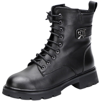 加肥马丁靴女加宽大码粗跟短靴