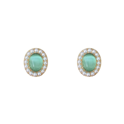 薄荷海/温柔淡绿猫眼石珍珠耳钉