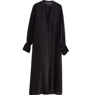 简约通勤风黑色连衣裙连身裙女装长袖系带V领宽松显瘦长裙松弛感