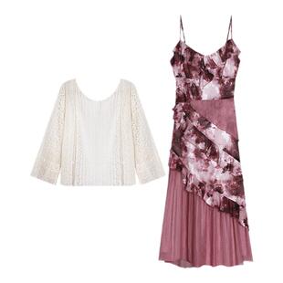 安妮不火 荷叶边吊带连衣裙女2024夏季新款微胖大码碎花度假长裙