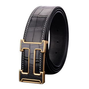 新款鳄鱼纹高档皮带男头层牛皮字母扣裤带中青年真皮正品腰带男士