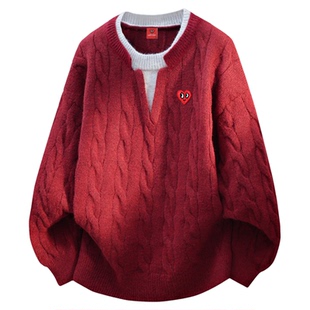 查尔斯桃心假两件马年红色圆领毛衣男冬季爱心刺绣情侣针织衫上衣