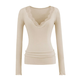 怪力酱 性感蕾丝拼接V领长袖打底衫女春季修身收腰气质内搭上衣