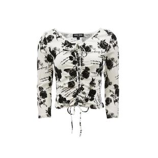 tq区绫致Vero ModaT恤女25春夏玫瑰植绒印花修身显瘦V领七分袖潮