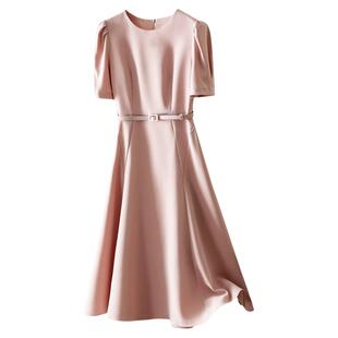 高雅通勤~立体剪裁修身显瘦泡泡袖醋酸气质连衣裙中长大摆A字裙夏