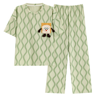 夏季女士大码睡衣套装薄款长裤家居服春秋天运动条纹可外穿卡通