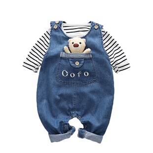 新款秋季婴儿牛仔背带裤套装春秋连体裤女一岁宝宝秋装男宝两件套