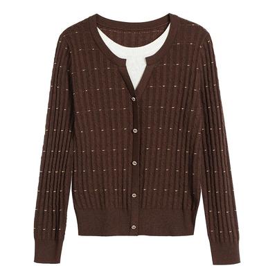 老钱风假两件羊毛针织开衫女2025早秋新款内外搭长袖毛衣打底上衣