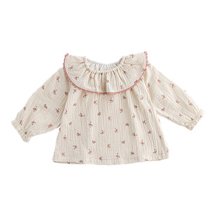 【新品】OAK FAMILY女童绉布纱娃娃衫荷叶领宝宝长袖棉T恤秋季