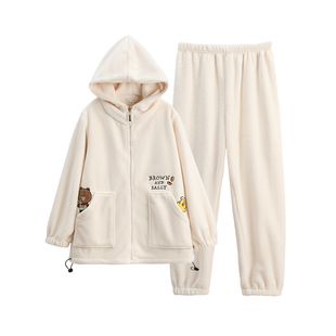 芬腾秋冬季珊瑚绒睡衣女抗静电可爱保暖加绒加厚家居服布朗熊套装