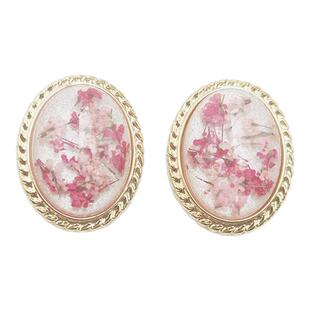 中古小花耳饰粉色花朵复古风椭圆中式耳钉耳饰耳夹女C284