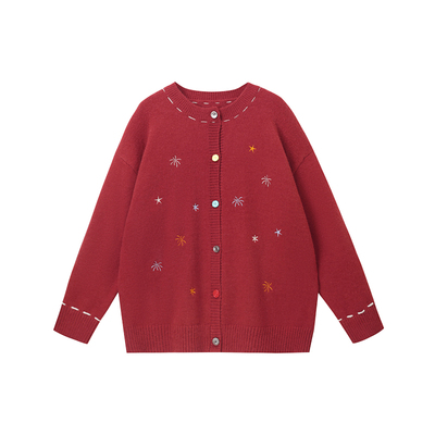 PCMY跨年穿搭酒红色开衫毛衣情侣