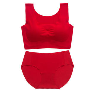 特大码200斤美背无痕运动背心式文胸胖mm本命年女内衣大红色套装