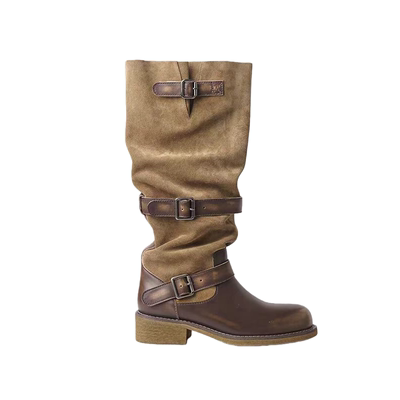 废土做旧擦色长筒女靴褶皱堆堆靴