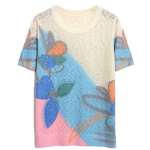 高档时尚减龄气质印染烫钻圆领2023夏装新款短袖t恤大码女装洋气