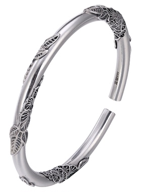 9999万足镀银复古圆棍繁花似锦纹理女士手镯实心亮旧花枝足银镯子