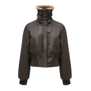 BALIANG「捌樑」 岫'Cave' 毛绒翻立领罗纹束腰夹棉短款皮衣夹克