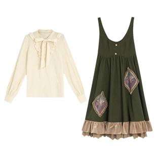 森女部落原创连衣裙春秋法式长裙气质轻lo背带裙秋装绿色女装裙子