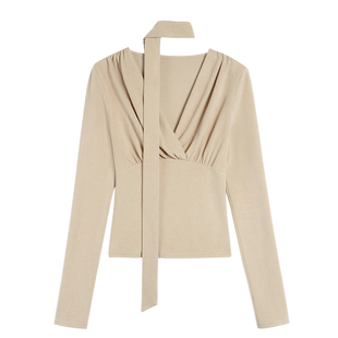 MULVAN 黑色短款v领上衣女秋冬设计感修身气质显瘦飘带针织打底衫