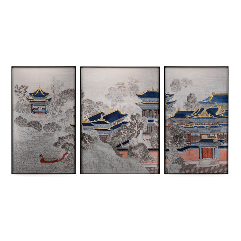 现货手工苏绣三联刺绣画客厅沙发背景墙会客室大气特色挂画安居图
