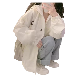 白色冰丝防晒衣女夏季防紫外线宽松连帽薄款开衫冲锋衣外套防晒服