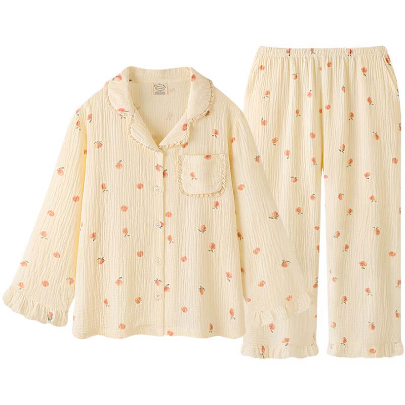 Pinksea【泡泡棉纱】睡衣女春秋可爱蜜桃长袖纯棉纱布家居服套装