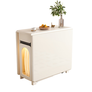 奶油风全实木折叠餐桌一体小户型客厅可移动多功能白色可储物饭桌