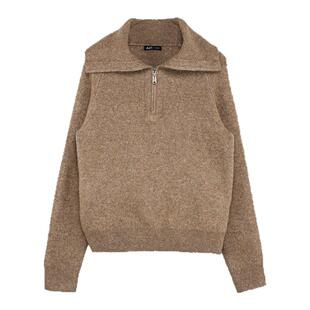 A21女装合体翻领插肩半开筒套头长袖线衫春季法式复古半拉链上衣