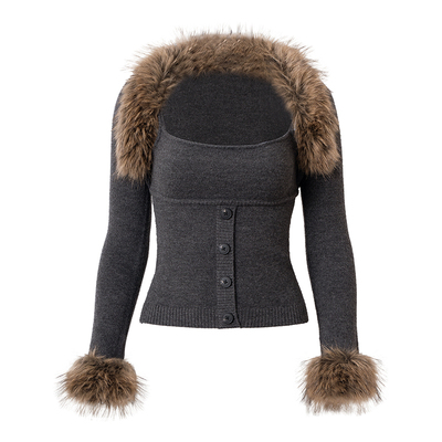 PynkiSwear碳灰色/奶茶毛领坎肩罩衫/针织吊带背心修身毛衣短套装