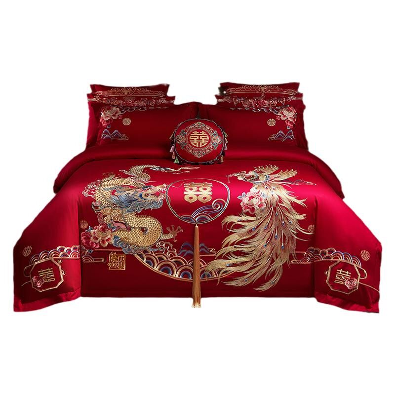水晶家纺旗舰店正品婚庆四件套全棉结婚床上用品纯棉大红床单被套