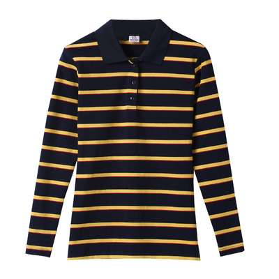 拼色条纹翻领长袖中老年休闲衫棉