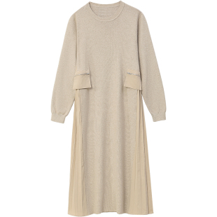 无谓韩式文艺2025秋季新款女装圆领宽松压褶气质打底针织连衣裙女