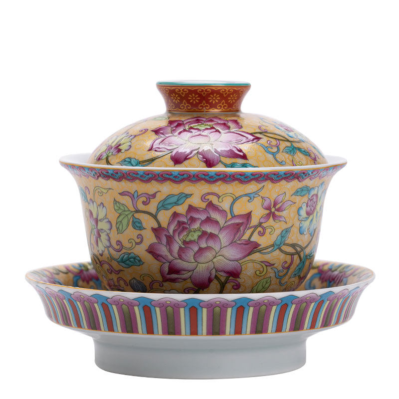 仿古珐琅彩莲富一莲妙心盖碗家用陶瓷泡茶碗中式功夫茶具敬茶碗