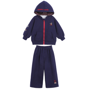 小O爸男婴童 宝宝运动套装春秋2026新款格纹连帽蓝色婴儿气质春装